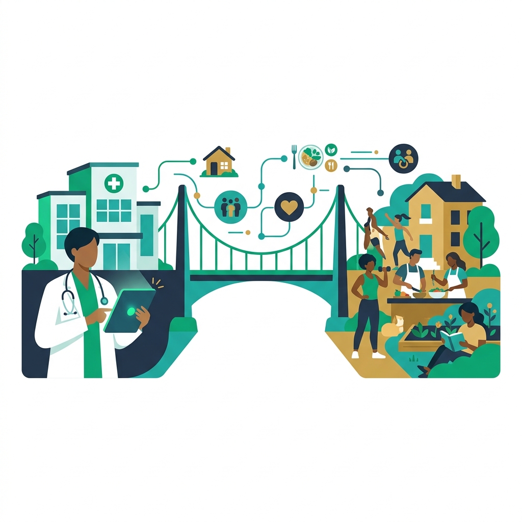 Illustration of a bridge connecting clinical care to community services through social determinants of health